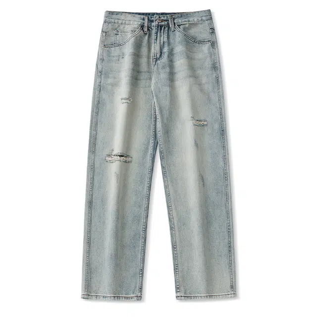 希越 美式复古水洗浅色破洞宽松百搭阔腿垂感长裤牛仔裤 男款