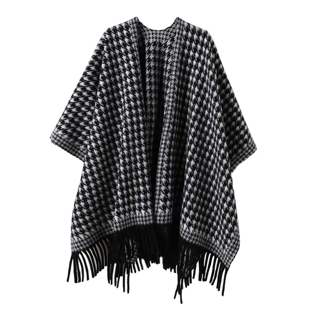 浪莎 经典千鸟格秋冬季双面外搭仿羊绒高级感保暖流苏围巾斗篷 聚酯纤维 披肩 女款