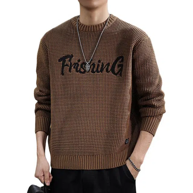 遨宇 高端美式潮流粗针极简风菠萝纹秋重磅潮牌中性风刺绣圆领休闲针织衫 男女同款