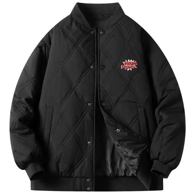 吾皇猫 美式嘻哈菱形格子设计简约字母印花宽松休闲外套飞行员夹克舒适棒球领单排扣百搭加绒加厚保暖秋冬季棉衣棉服 男女同款