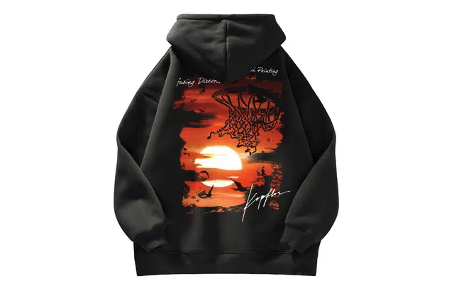 宜而爽 美式街头复古潮流篮球落日风景图案字母印花宽松舒适休闲抽绳落肩日常通勤百搭运动拉链长袖连帽开衫卫衣 男女同款