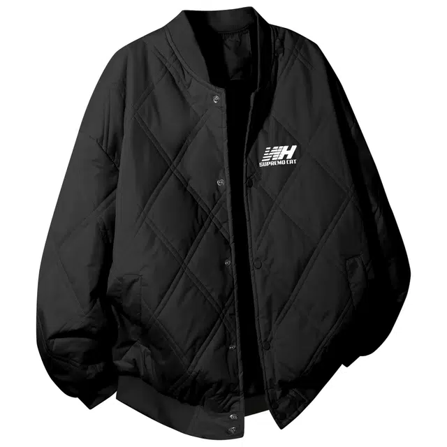 吾皇猫 学院风美式复古嘻哈菱形格子设计简约字母印花宽松休闲外套飞行员夹克舒适棒球领单排扣百搭加绒加厚保暖秋冬季棉衣棉服 男女同款