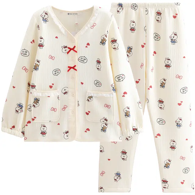 芬腾 布朗熊 空气棉夹层女士秋冬季纯棉长袖家居服睡衣套装 女款