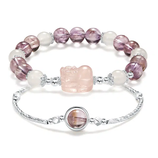 蔻斯琦 【暴富貔貅 财源滚滚】新中式萌宠吞金兽粉晶混搭 双层招财珠文玩盘玩 转运生财正财接富贵 好运 紫水晶 手串 女款