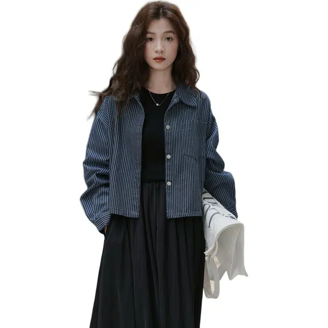 思蓓儿 小个子早秋氛围感韩系通勤翻领条纹单排扣女装牛仔外套 女款