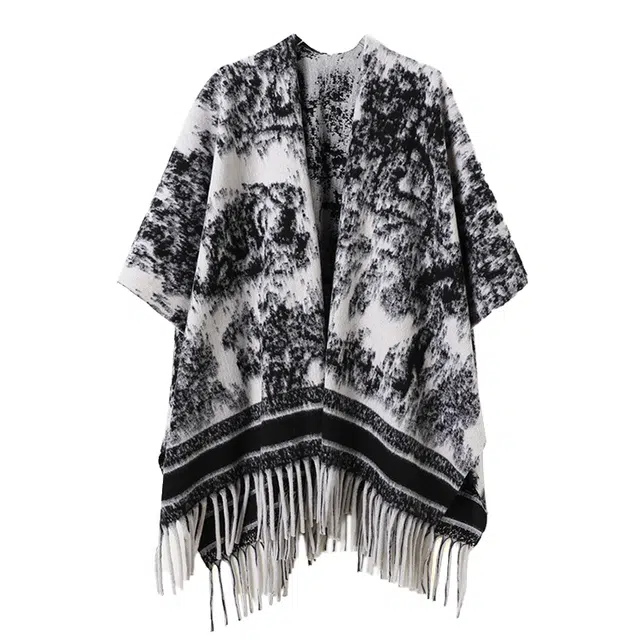 浪莎 复古名族风水墨画双面宽松流苏百搭保暖上衣外搭 聚酯纤维 披肩 女款