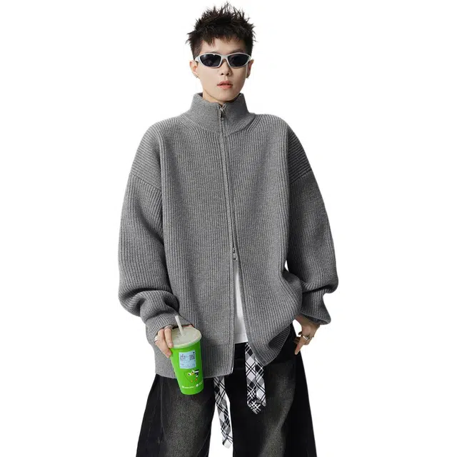 佐菲利 复古立领开衫美式重磅潮牌拉链高街百搭休闲外套针织衫 男女同款
