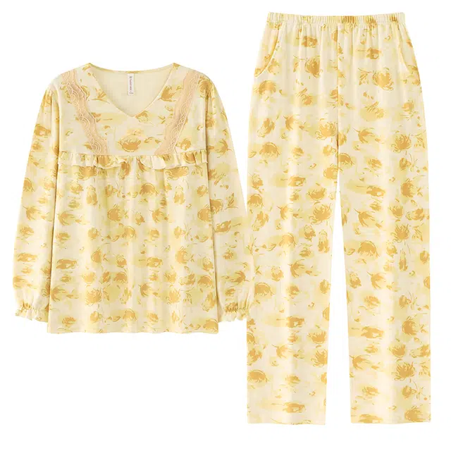 俏佳人 纯棉套头圆领公主风宽松休闲家居服花卉图案柔软亲肤舒适透气长袖长裤睡衣套装 女款