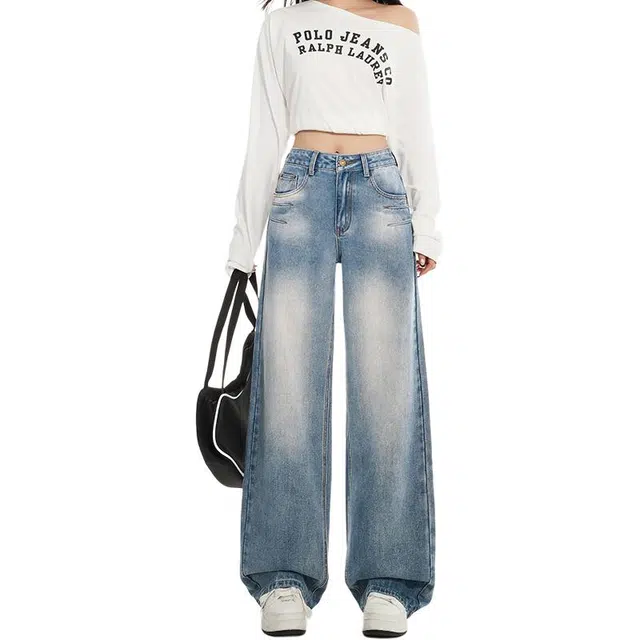 如续 美式辣妹阔腿高腰宽松显瘦垂感直筒牛仔裤 女款