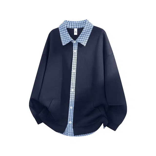 海尔斯 美式假两件格子拼接宽松卫衣 男女同款