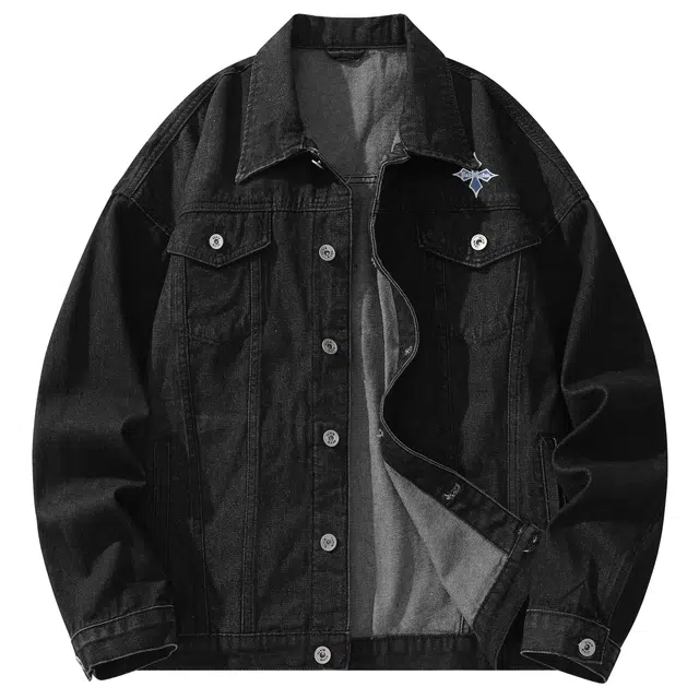 帕丁顿熊 美式复古哥特字母贴布刺绣学院风日系单排扣水洗基础款简约工装大口袋宽松休闲百搭翻领长袖夹克牛仔外套 男女同款