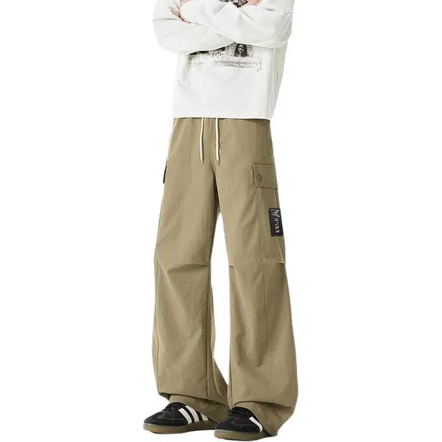 洋气先生 美式复古潮牌高街简约长裤子褶皱设计宽松阔腿直筒系带大口袋无性别主义日常通勤户外显瘦显高基础款潮流时尚百搭休闲裤 男女同款