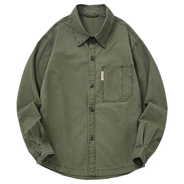 米素力 设计感翻领长袖纯色常规复古风衬衫 男款