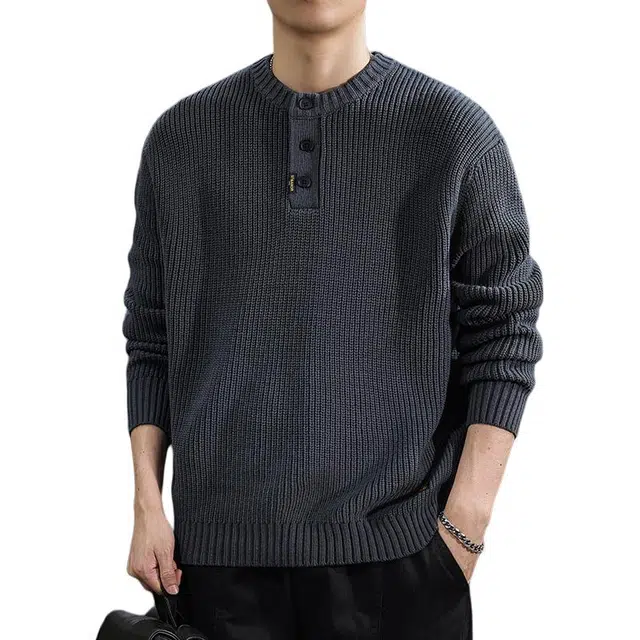 遨宇 冬季美式潮流复古重磅森系风宽松潮牌亨利领休闲户外上衣针织衫 男女同款
