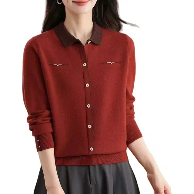 袋鼠 简约翻领设计百搭排扣装饰气质高端品质绵羊毛针织衫 女款