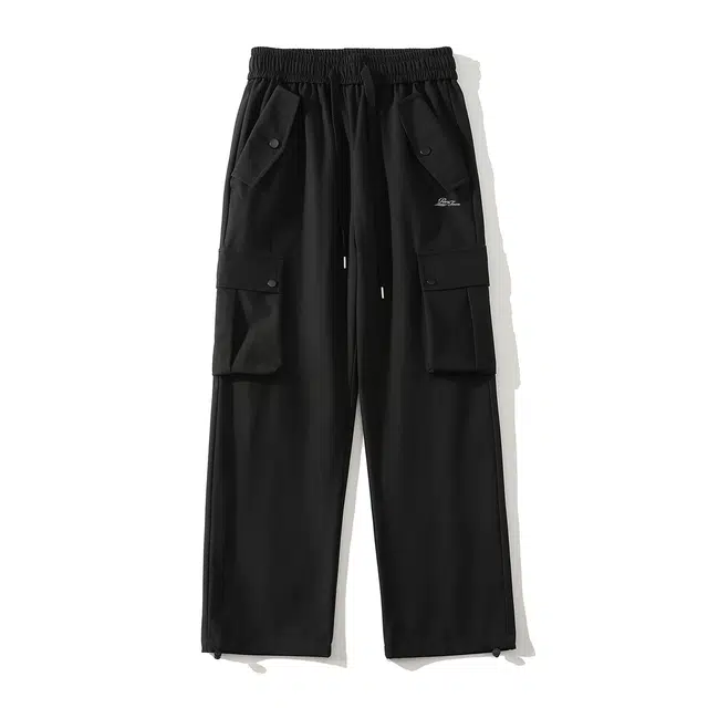 黑恐龙 美式高街潮流字母印花立体纯色中腰系带简约直筒垂感时尚百搭舒适宽松工装裤大口袋户外运动日常通勤长裤休闲裤 男女同款