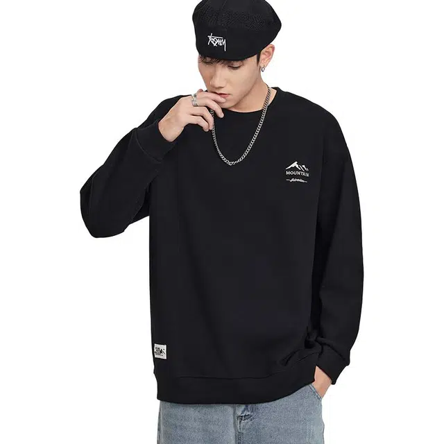 么宁 秋冬季圆领长袖宽松上衣简约百搭舒适透气内搭打底衫个性时尚保暖休闲卫衣 男女同款