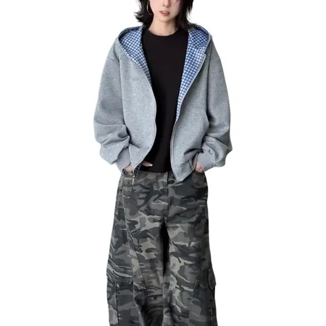 黑马漫画 格子拼接连帽上衣男秋宽松慵懒风学生开衫外套卫衣 男女同款