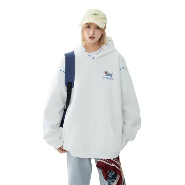 加荣 美式潮牌刺绣宽松连帽卫衣男拼接腊肠狗设计长袖男装高街百搭休闲套头衫男款时尚复古慵懒风帽衫外套男秋季酷帅上衣 男女同款