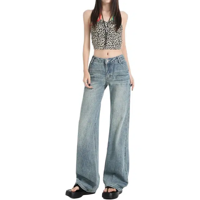 如续 美式复古水痕小众设计感微喇长裤辣妹低腰垂感百搭喇叭牛仔裤 女款