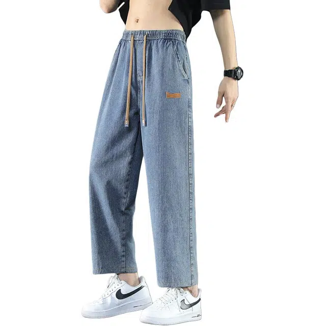 邦固依品 复古松紧腰男士春秋季薄款美式潮牌阔腿裤高街直筒宽松长裤子牛仔裤 男款