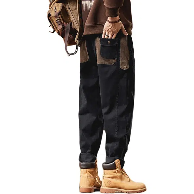 协协乐 美式重磅潮牌撞色拼接工装裤加绒加厚男士秋冬季宽松直筒弹力锥形九分裤复古百搭运动长裤休闲裤 男款