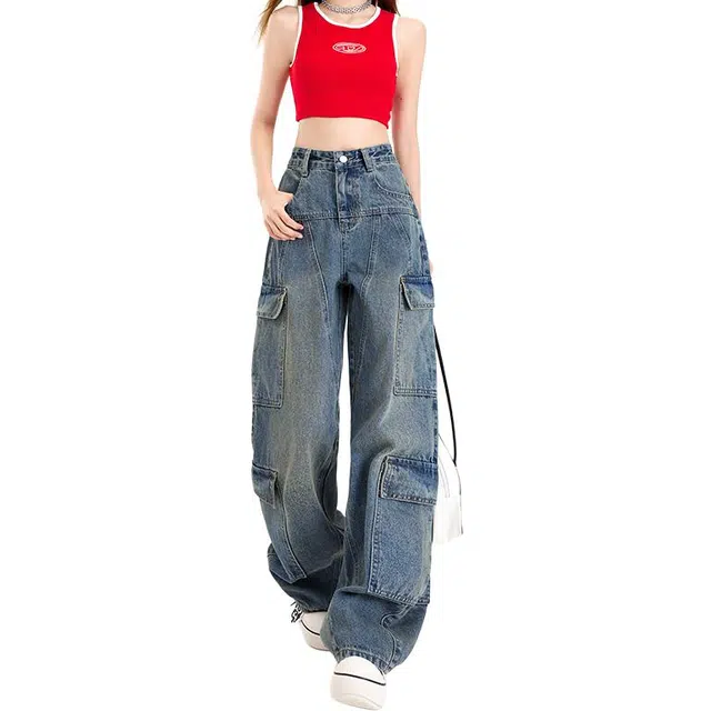 木果果木 秋季 阔腿显瘦高腰长裤牛仔裤 宽松 女款