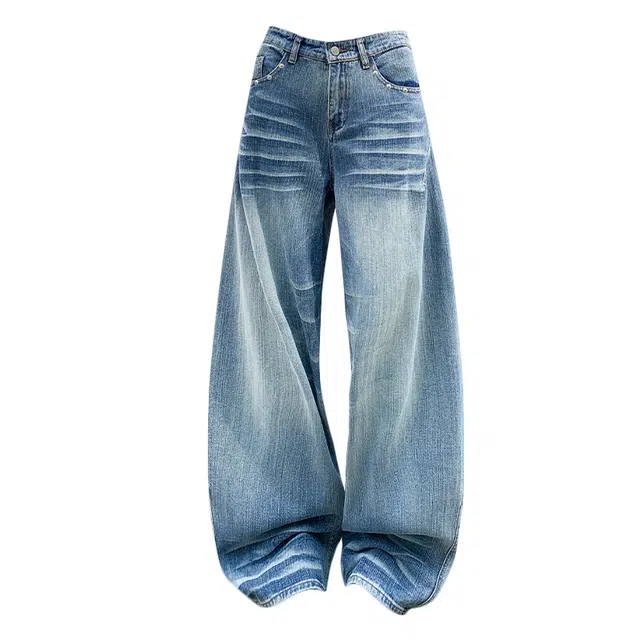 拾籍 高街时尚潮流美式复古压皱感猫须铆钉设计低腰口袋刺绣弯刀阔腿牛仔裤 女款