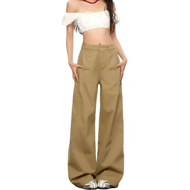 如续 美式纯色简约基础款阔腿直筒长裤宽松设计感拖地牛仔裤 女款