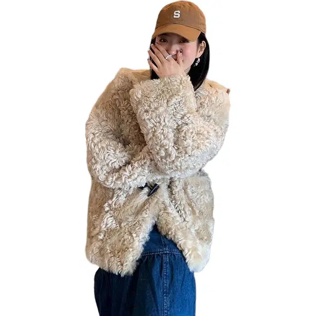 邓大喵 韩系牛角扣羊羔毛外套女冬季加绒加厚皮毛一体大衣毛茸茸大码皮草 女款