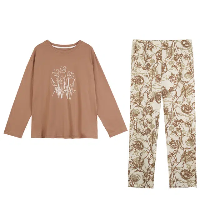 多拉美 纯棉慵懒风高级感花卉家居服春秋休闲外穿长袖长裤睡衣套装 女款