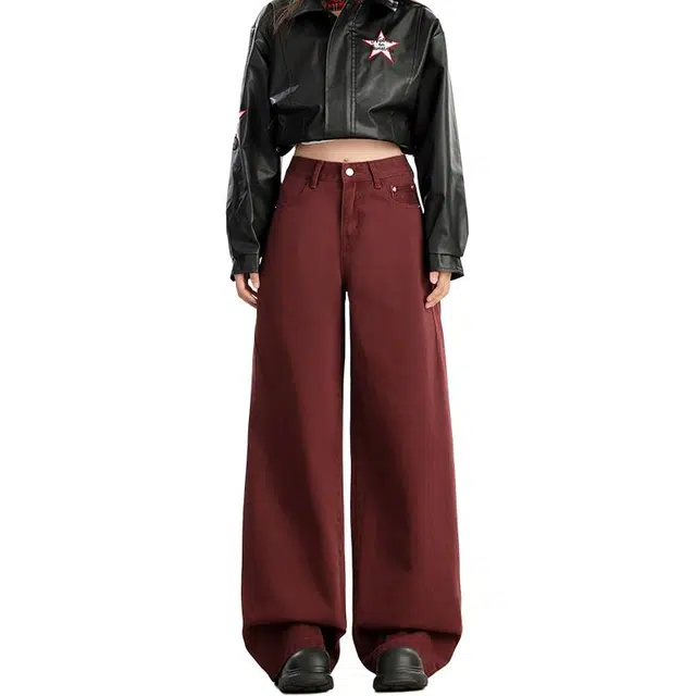 如续 安可拉红镰刀高腰显瘦阔腿垂感拖地牛仔裤 女款