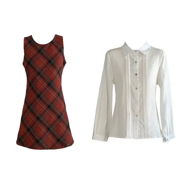 敲模女孩 学院风翻领宽松衬衣叠穿格纹毛呢修身无袖连衣裙 女款