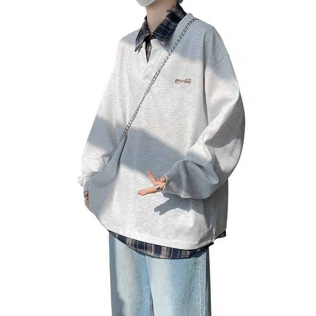 加荣 假两件衬衫领卫衣男秋季美式潮牌撞色拼接宽松外套男装痞帅炸街高级感运动长袖男生休闲百搭青少年酷帅男款初中生上衣 男女同款