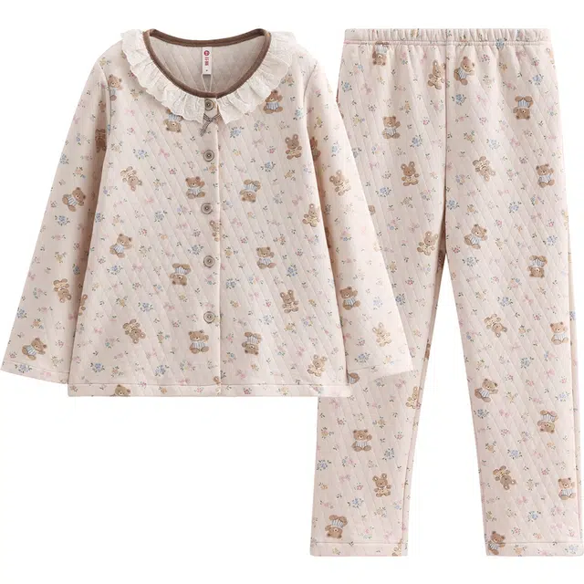 芬腾 女士秋冬季空气棉夹层长袖纯棉休闲加大码家居服睡衣套装 女款