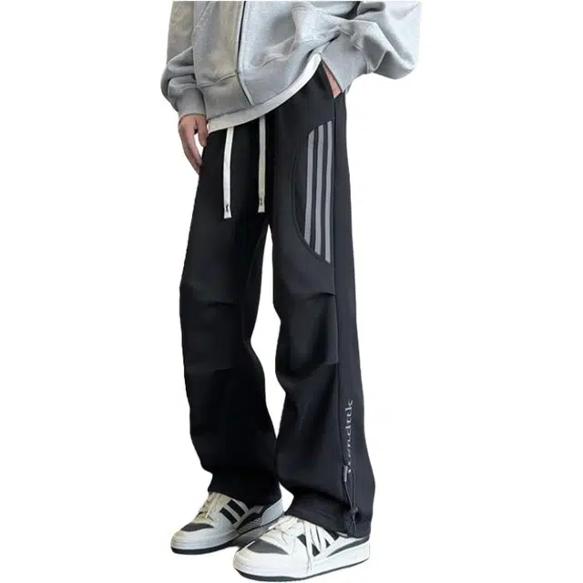 海尔斯 简约百搭侧边条纹美式高街中腰直筒宽松系带休闲裤 男女同款