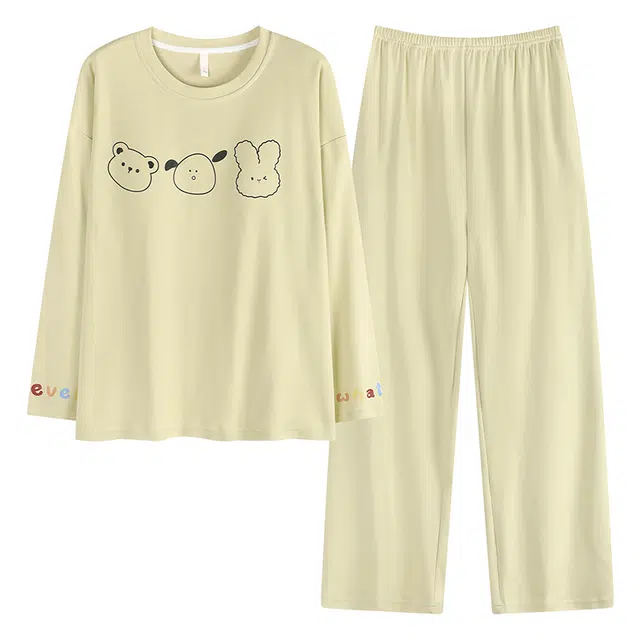 俏霓桐 可爱卡通纯棉亲肤圆领甜美带胸垫清新舒适简约长袖长裤家居服可外穿睡衣套装 女款