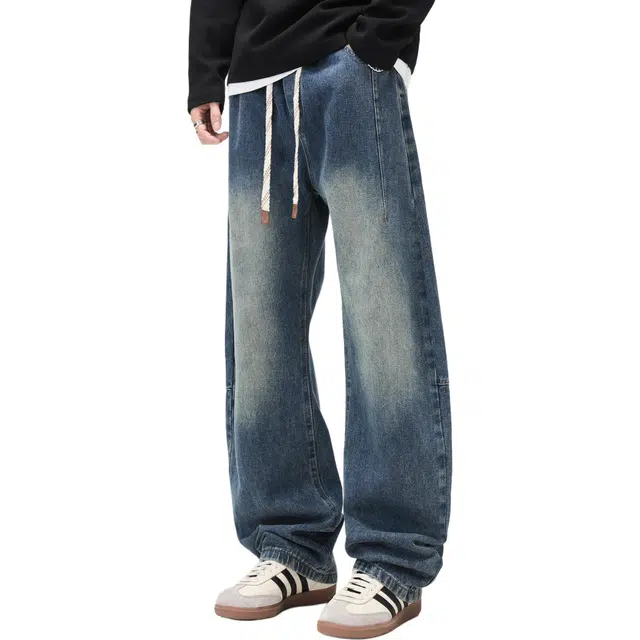 隐狼世家 美式男士宽松直筒裤抽绳水洗设计感阔腿长裤子牛仔裤 男款