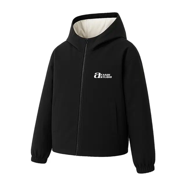 阿凡迪 美式高街纯色元素潮牌连帽双面穿字母印花简约高级时尚运动休闲日常无性别主义飞行员教练机车个性酷飒落肩夹克外套 男女同款