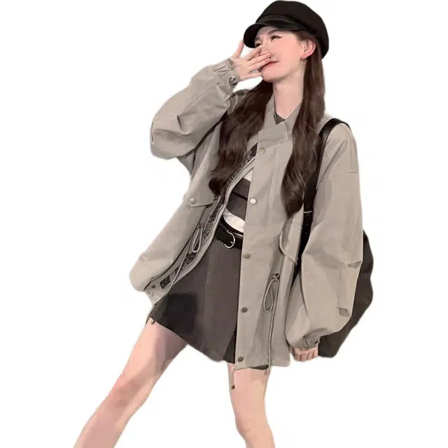 敲模女孩 韩系慵懒风高级宽松廓型抽绳收腰外套女上衣风衣 女款