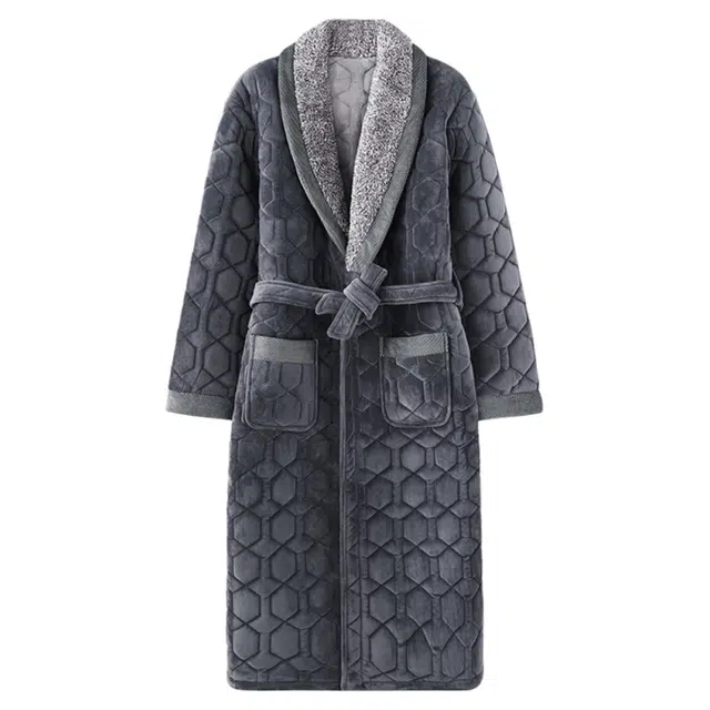 潞优野 简约舒适男冬季珊瑚绒夹棉袄睡衣三层加厚保暖加绒法兰绒睡袍/浴袍 男款