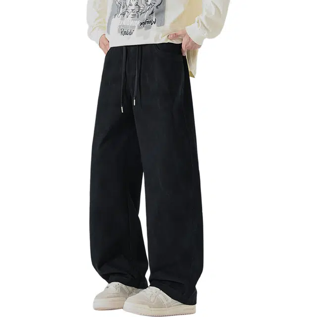 瑞梵帝斯 秋季男生宽松舒适直筒长裤美式高街风抽绳松紧腰多口袋迷彩简约基础款设计青少年潮流帅气时尚百搭运动牛仔裤 男款