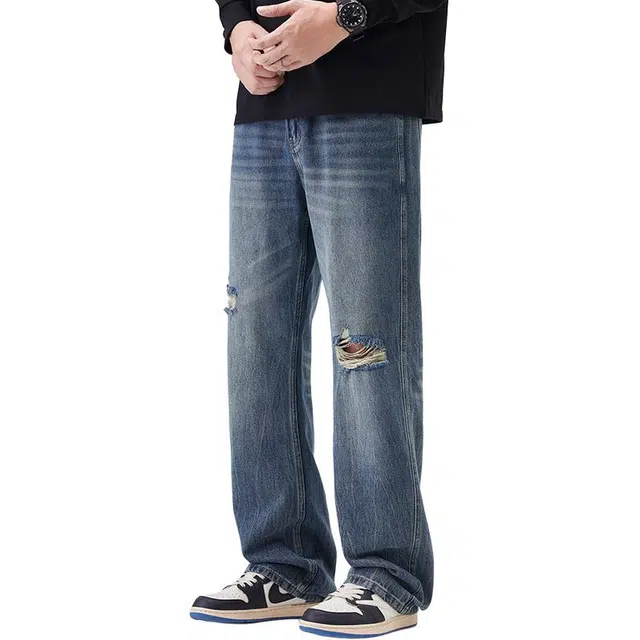 潮人榜 秋冬季美式高街宽松直筒设计感破洞长裤子潮牌百搭休闲显高显瘦高级感牛仔裤 男女同款