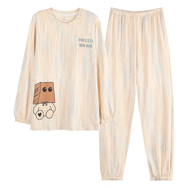 俏霓桐 可爱卡通简约条纹纯棉亲肤圆领休闲百搭长袖长裤家居服可外穿睡衣套装 男款