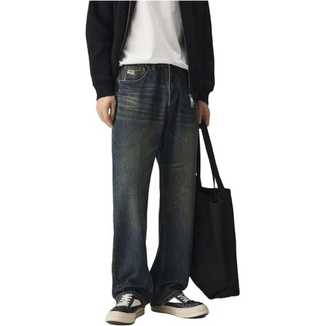 海尔斯 简约做旧水洗舒适中腰直筒宽松牛仔裤 男款