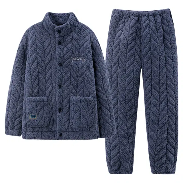 潞优野 舒适防风男冬季三层加厚超厚夹棉珊瑚绒加绒家居服法兰绒秋冬睡衣套装 男款