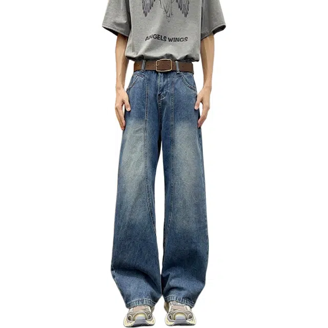 洋气先生 美式复古学院风水洗做旧简约纯色高街高级感弯刀个性拼接设计阔腿痞帅感基础款直筒宽松潮流百搭舒适牛仔裤 男女同款