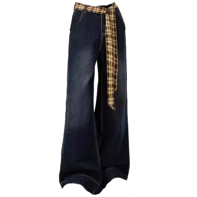 海獭 复古格子拼接阔腿牛仔裤潮流设计感裤子 女款