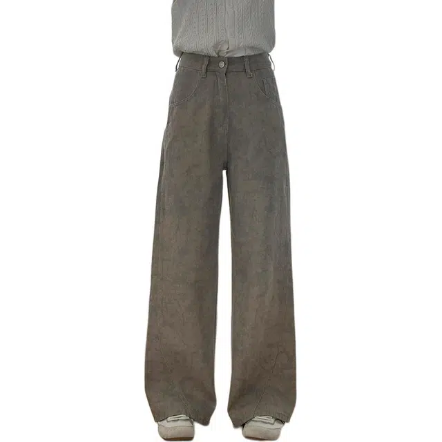 如续 潮流复古废土风扎染阔腿长裤美式百搭宽松休闲直筒牛仔裤 女款
