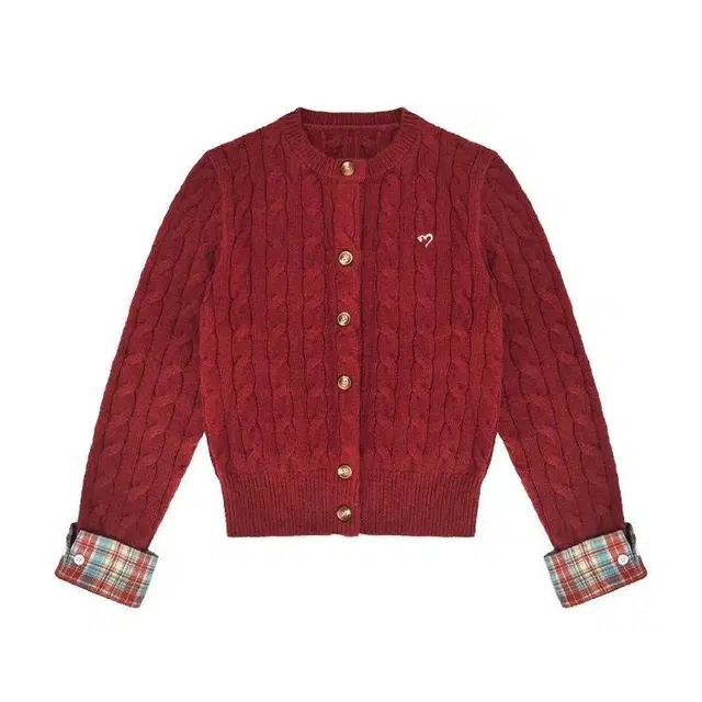 囍鱼少女 蕾朵刺绣格纹拼接圣诞红女秋冬学院风休闲绞花开衫针织衫 女款